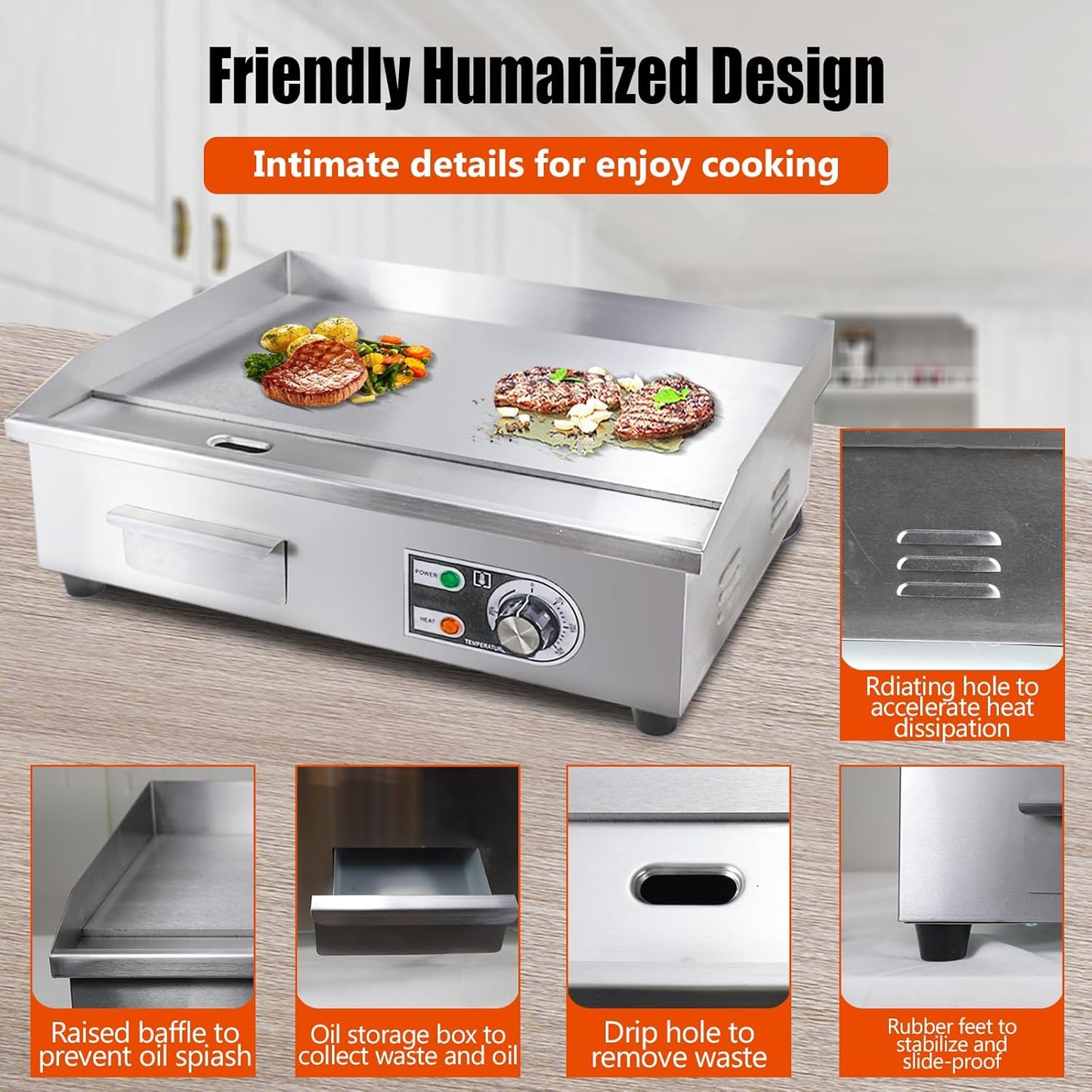 Electric Flat Top Grill 14"/22", Commercial Teppanyaki Griddle, Non-Stick Cast Iron Cooking Surface