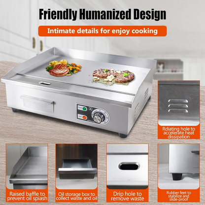 Electric Flat Top Grill 14"/22", Commercial Teppanyaki Griddle, Non-Stick Cast Iron Cooking Surface