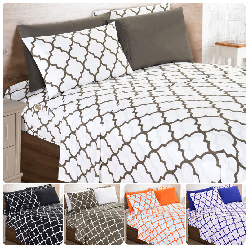 Bed Sheet Set Geometric Trellis Microfiber in Size-Dependent 4- or 6-Piece Configuration with 16-Inch Pocket