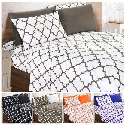 Bed Sheet Set Geometric Trellis Microfiber in Size-Dependent 4- or 6-Piece Configuration with 16-Inch Pocket