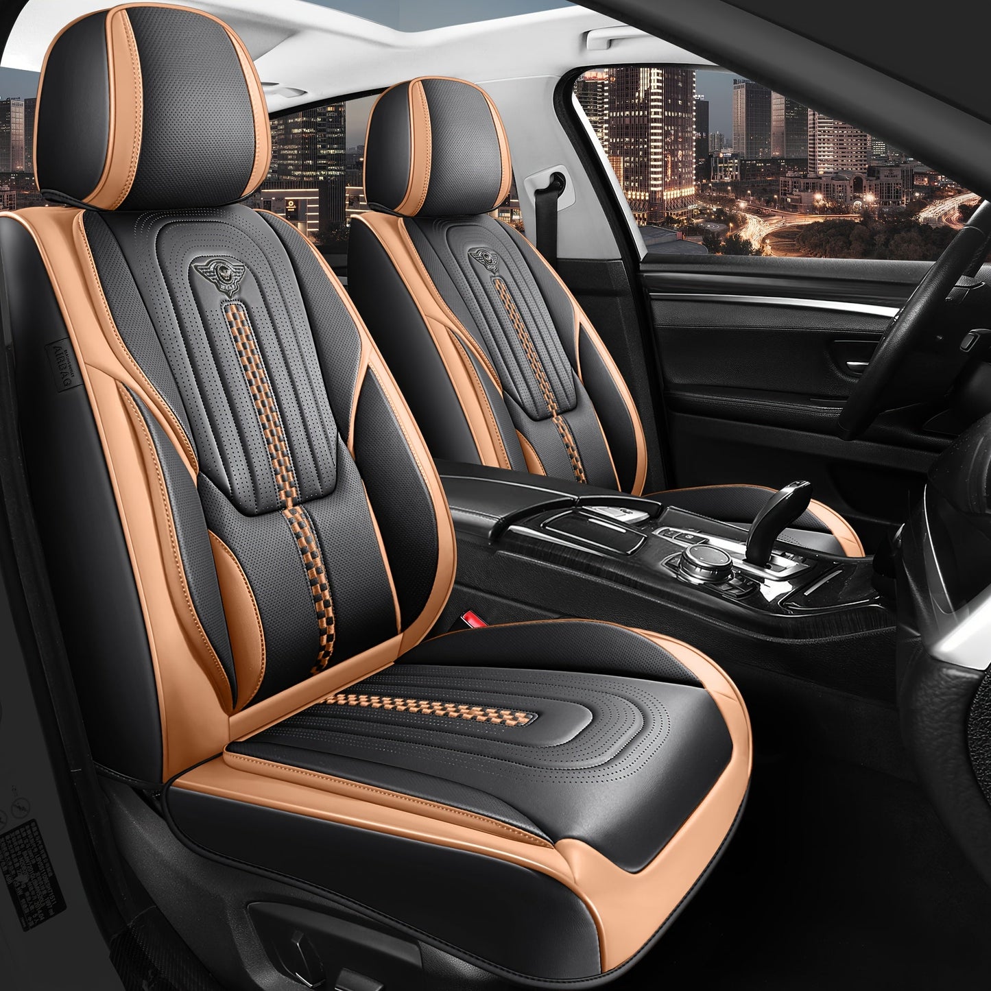 Contoured Front Car Seat Cushion Covers with Headrest Pads in Four Two-Tone Color Option Sets