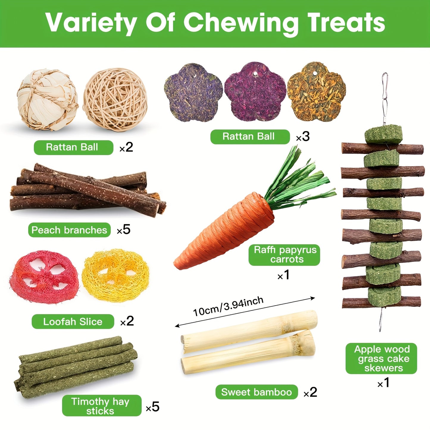 Small Animal Dental Treats 21pcs – Natural Timothy Hay Variety Set with Hay Sticks, Timothy Cakes & Carrot Strawberry Treats for Rabbits