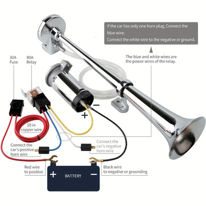 Air Horn Kit for Trucks – Super Loud 18" Single Trumpet Train Horn with Compressor, 12V/24V Universal Fit for Truck, Car, SUV, Jeep