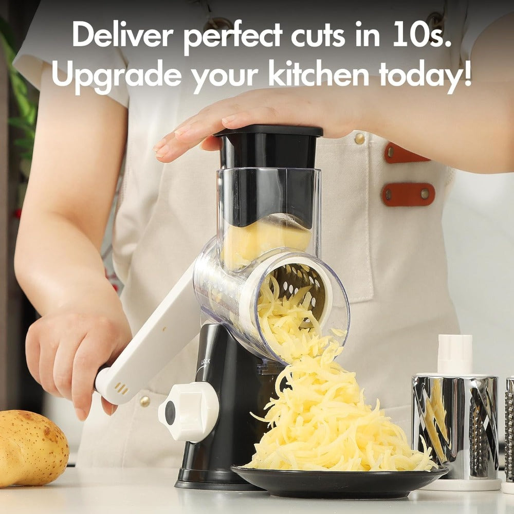 Rotary Cheese Grater, Stainless Steel Hand Crank Shredder with 3 Interchangeable Blades, Suction Base & Cleaning Brush