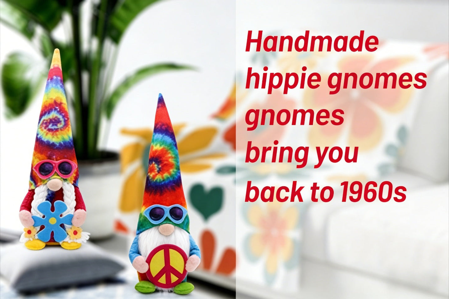 Hippie Gnomes Decorations 2 Pack – Groovy Tie Dye Tomte Figurines with Peace Sign & Fashion Glasses, 13.5" Swedish Gnome Shelf Sitters
