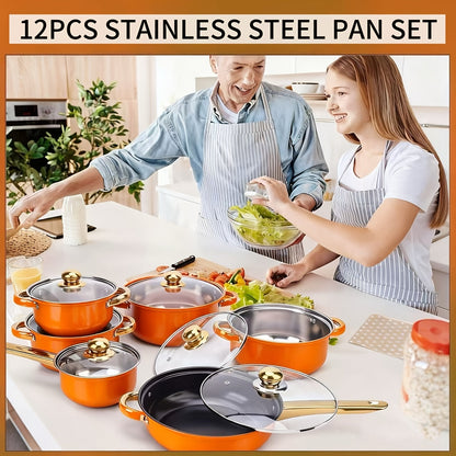 Stainless Steel Non-Stick Cookware Set 10/12pcs, 316 Grade Steel Frying Pan, Stockpot & Milk Pot with Lid