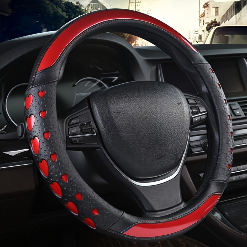 Steering Wheel Cover Faux Leather Heart Pattern – Non-Slip Wear-Resistant Anti-Aging All-Season Car Interior Accessory, Sports Style