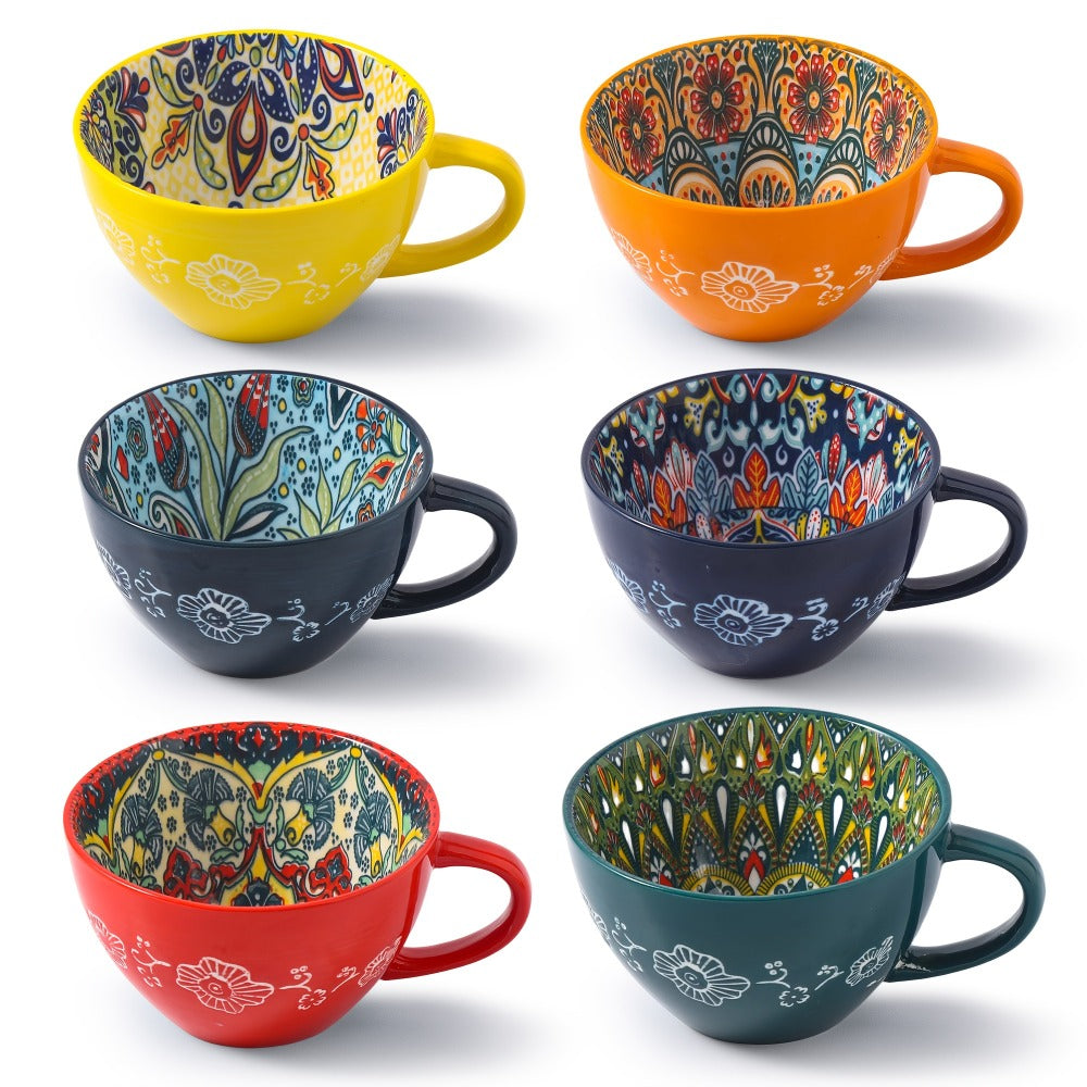 Six-Piece Colorful Patterned Coffee Mug Set with Wide Bowl Shape and 14-Ounce Image Marking