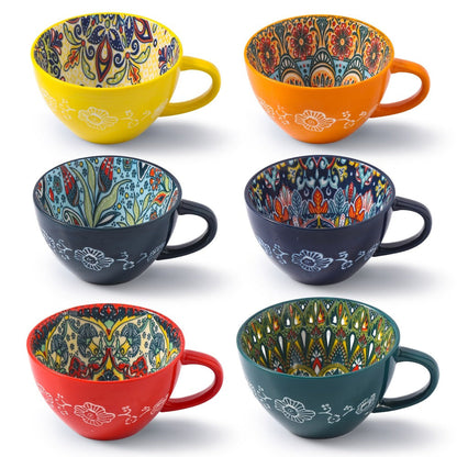 Six-Piece Colorful Patterned Coffee Mug Set with Wide Bowl Shape and 14-Ounce Image Marking