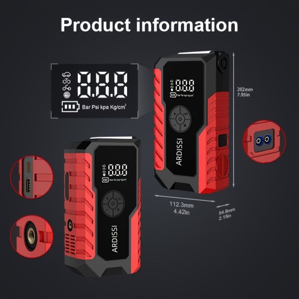 5-in-1 Jump Starter 5000A Peak – 10000mAh Power Bank, 150PSI Air Inflator, Type-C & LED Emergency Light for 12V Gas & Diesel Engines