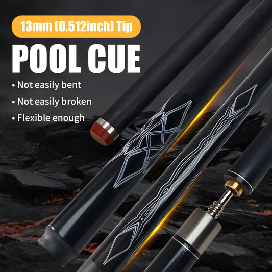 57-Inch Carbon Fiber Pool Cue with 13mm Tip, Two-Piece Black Patterned Design and Metal Joint