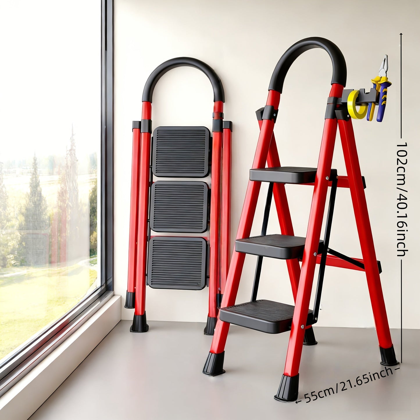Folding Step Stool Ladder Steel with Anti-Slip Wide Treads & Handrails, Safety Lock, Portable Multi-Step Ladder for Home