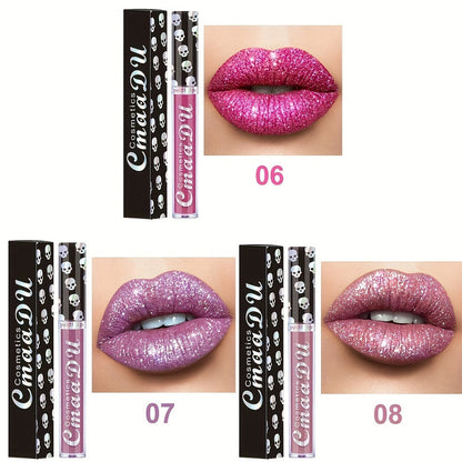 Glitter Lip Gloss Set 3pcs Skull Design Shimmer Liquid Lipstick Long Lasting Easy Remove Bold Shiny Lip Color for Music Festival Rave Party