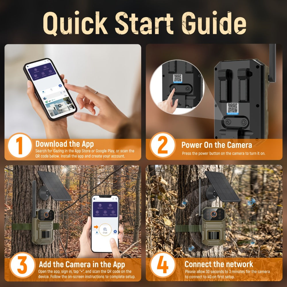 Solar Cellular Trail Camera 1920P No WiFi, 4G LTE Wildlife & Property Monitoring, PIR Motion Sensor