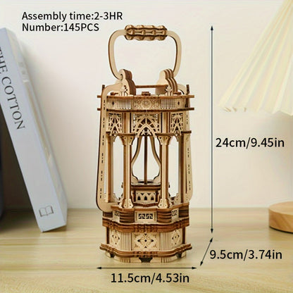LED Wooden Lantern Model Kit, Rotating Mechanical 3D Wooden Puzzle for Adults & Teens, Glowing Vintage Desk Decor Display