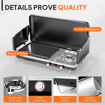 Portable Propane Griddle and Burner Camping Stove with Four Color Labels and 23.23-Inch Closed Width