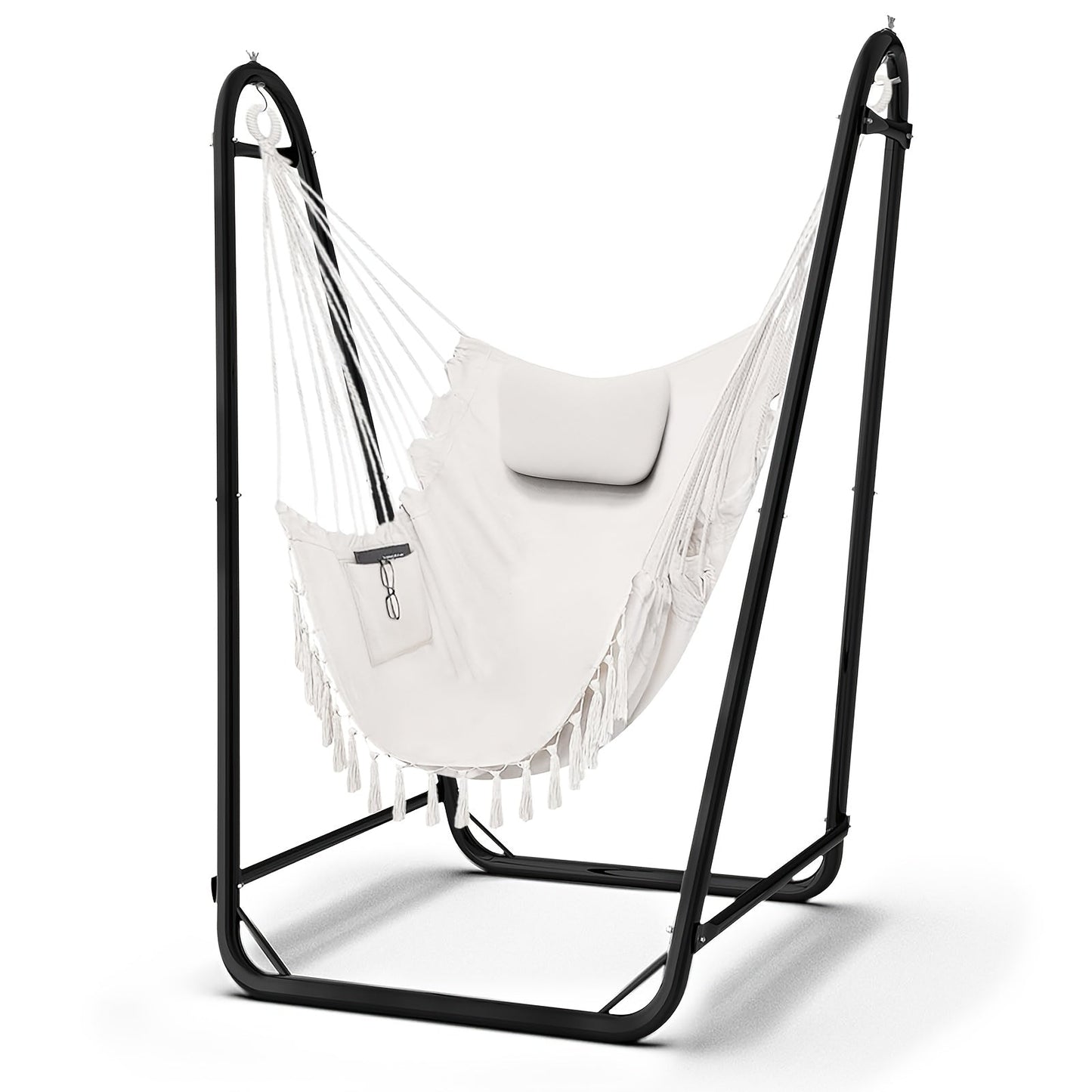 U-Shaped Hammock Chair Stand with Free Hanging Chair, Double Tube Steel Frame, Powder Coat, Side Pocket Included