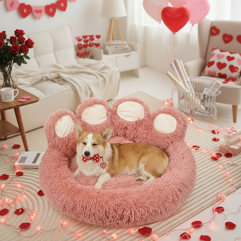 Dog Bed Cat Bed Bear Paw Shaped Donut – Calming Round Plush Pet Mattress, Warm & Soft Cuddler Bed for Dogs and Cats, Includes Pet Scarf