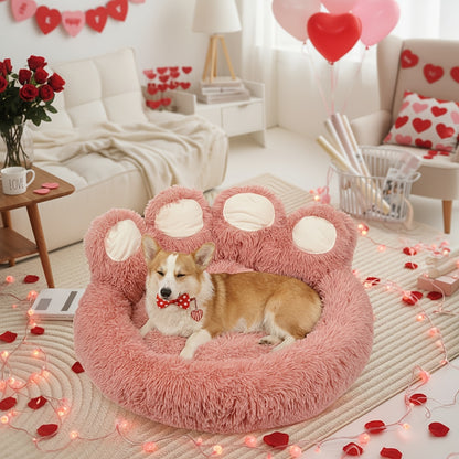 Dog Bed Cat Bed Bear Paw Shaped Donut – Calming Round Plush Pet Mattress, Warm & Soft Cuddler Bed for Dogs and Cats, Includes Pet Scarf
