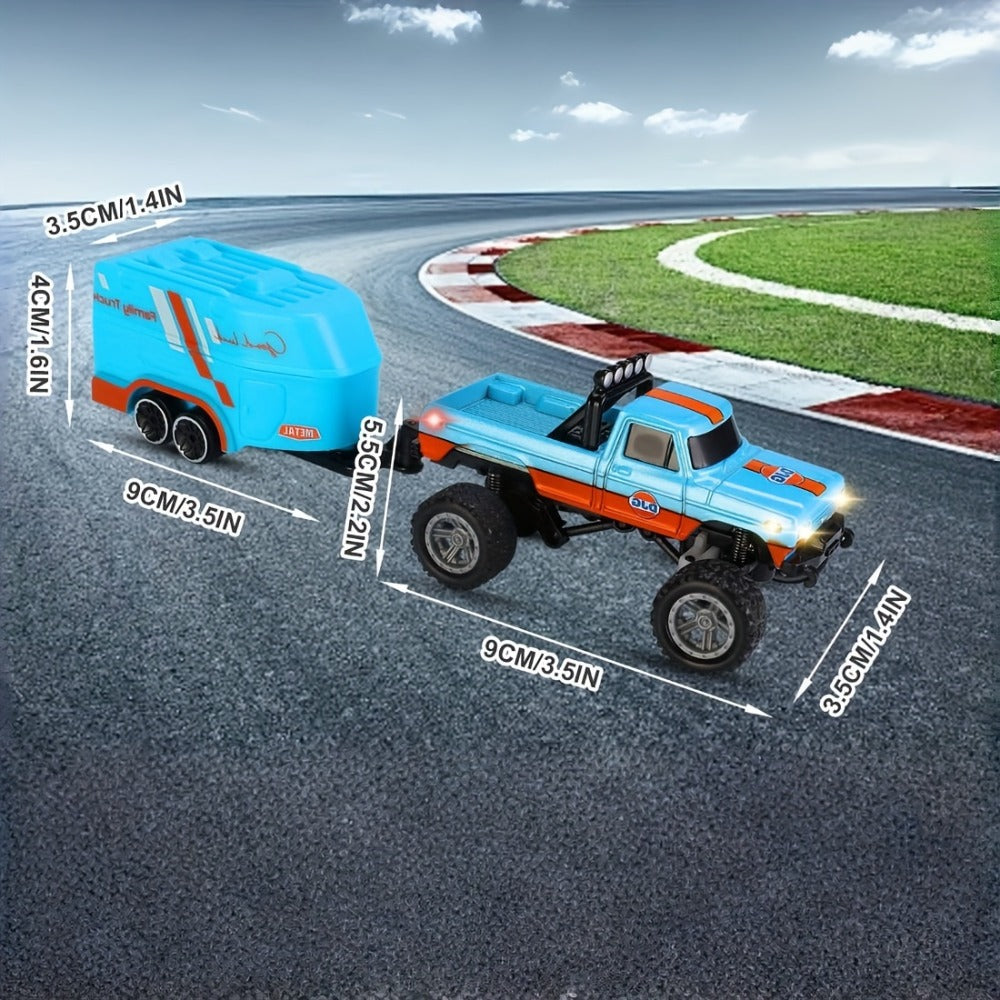 Mini RC Truck Toy 1:64 Scale 2.4GHz Off-Road Alloy Crawler with Detachable Trailer Body Lights & LED Headlights