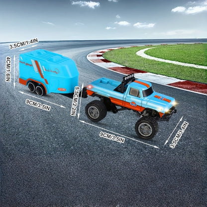 Mini RC Truck Toy 1:64 Scale 2.4GHz Off-Road Alloy Crawler with Detachable Trailer Body Lights & LED Headlights
