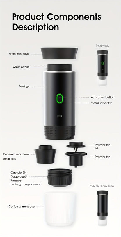 Portable Capsule Coffee Machine USB Rechargeable One-Touch Brewing Compact Espresso Maker for Bath Time, Home Spa and Personal Care