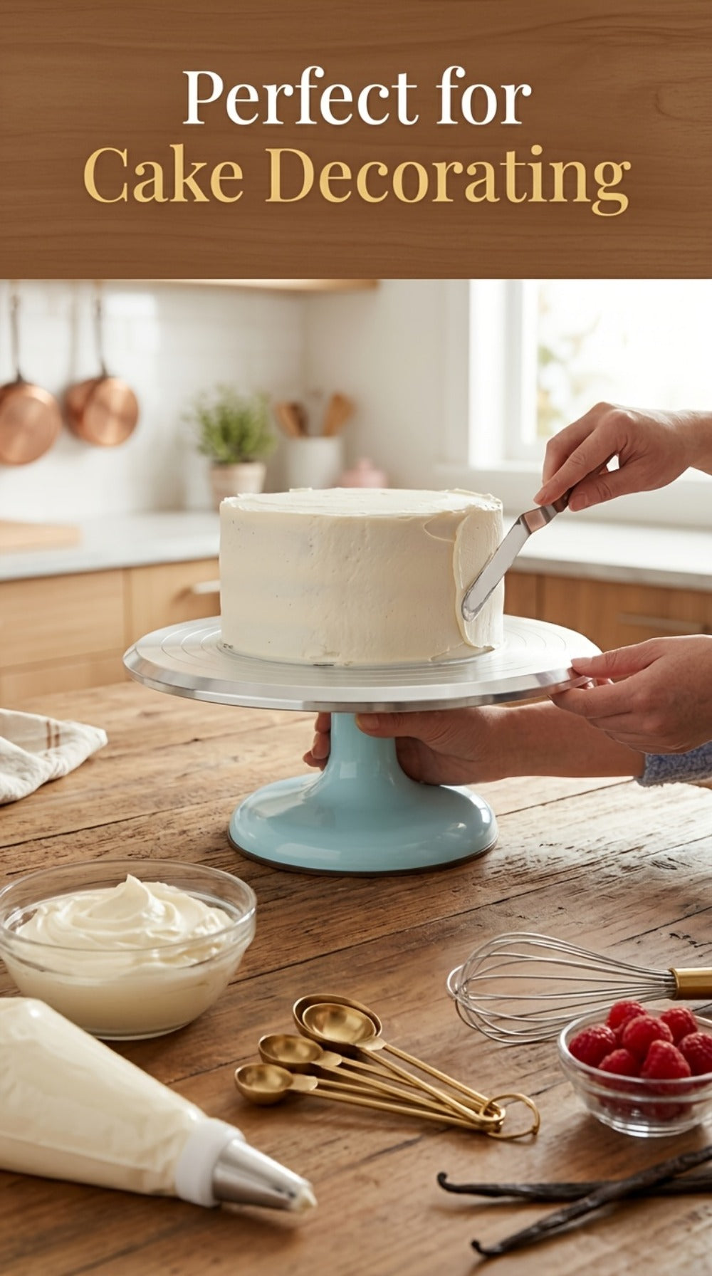 9.84-Inch Rotating Cake Turntable with Frosting Spatula and Pink, Sky Blue or White Base for Decorating