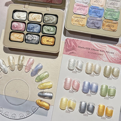 Pearlescent Nail Gel 9-Grid Shell Shimmer Mother of Pearl Cream Oil Painting Gel Polish Set – Multicolor Glitter Iridescent Spiral Design
