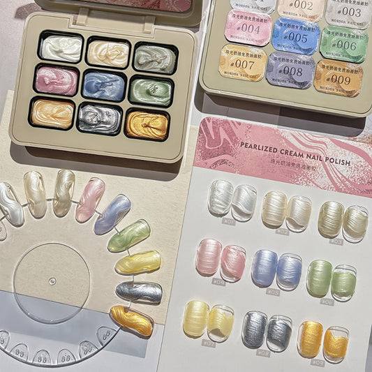 Pearlescent Nail Gel 9-Grid Shell Shimmer Mother of Pearl Cream Oil Painting Gel Polish Set – Multicolor Glitter Iridescent Spiral Design