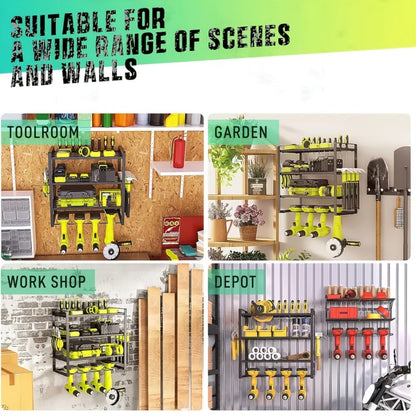 Wall Tool Storage Rack Metal Organizer - 4 Layer Cordless Drill Holder Clamp Bracket for Entryways, Bedrooms and Living Spaces