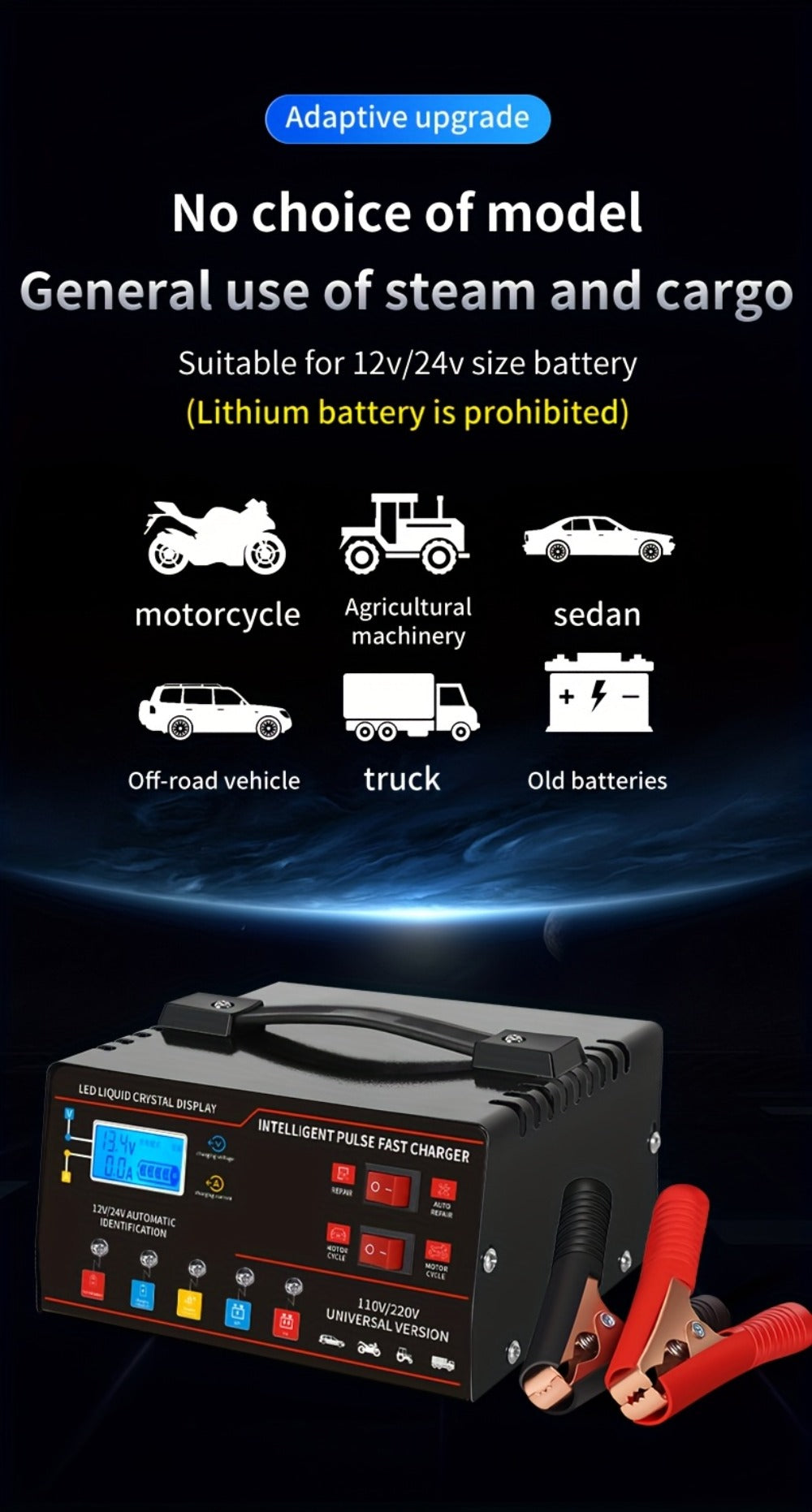 AF01 12 V and 24 V Battery Charger with LCD Display, Alligator Clamps, Carry Handle and Cooling Fan