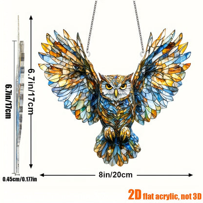 Owl Hanging Ornament Colorful Acrylic 6.7"x8", 2D Flat Animal Wall Art Decoration for Christmas Tree, Home, Office & Outdoor