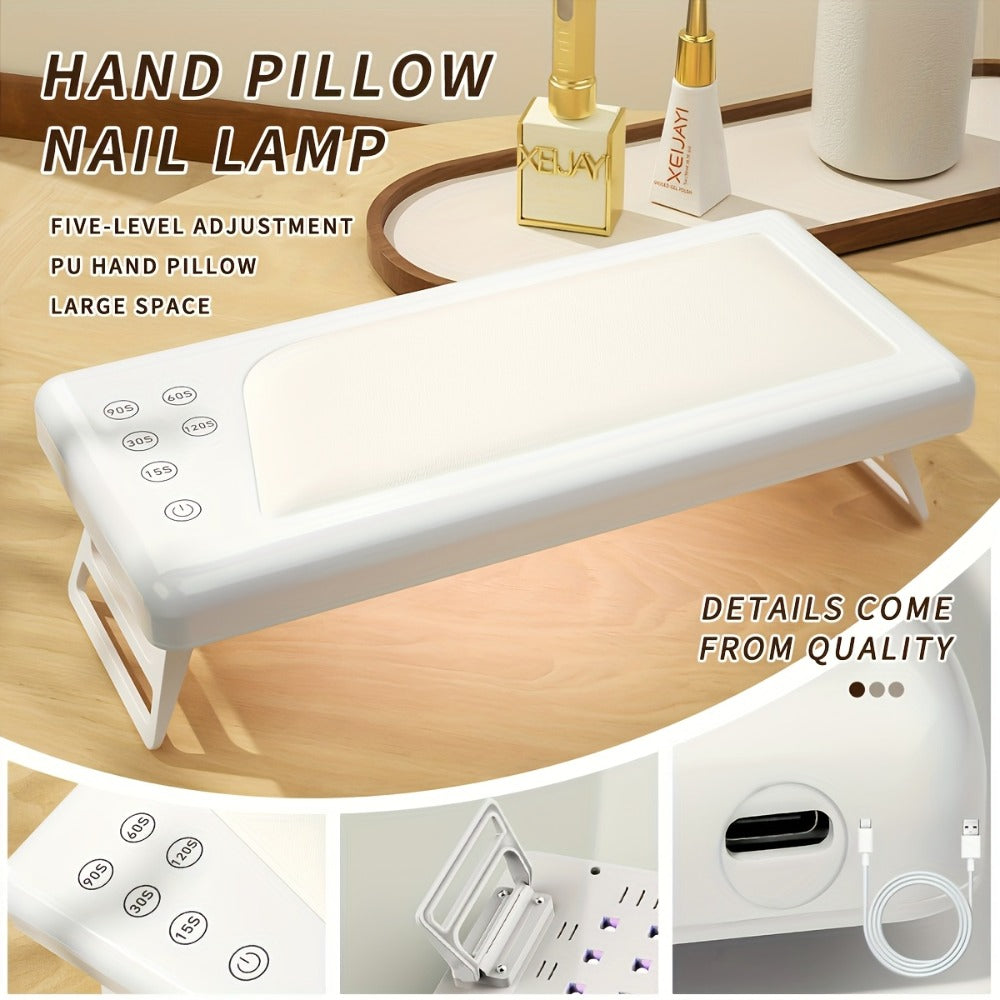 Wide Rectangular Hand-Pillow LED Nail Lamp with 28 x 13cm Base, Five Timer Settings and White Finish