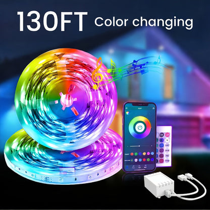 RGB LED Light Strip 50ft 100ft 130ft 16 Million Colors Music Sync, App & 24-Key Remote Control, Color Changing LED Strips for Bedroom