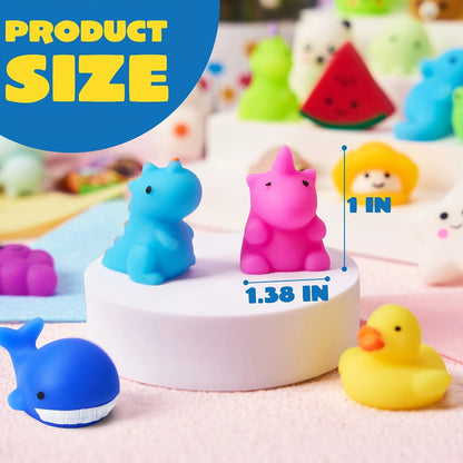 25-Piece Mini Mochi-Style Squishy Toy Set with Assorted Animal and Fruit Shapes from 1 to 1.38 Inches