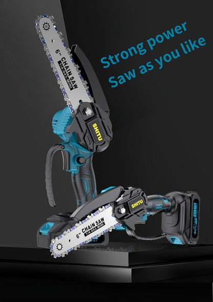 Handheld Electric Chainsaw, Mini Cordless Portable Tree Cutter with Splash Guard, Security Lock, Rechargeable Battery Options