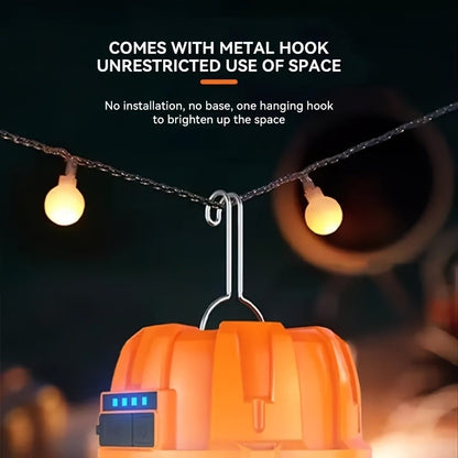 Orange Hanging Camping Lantern with Three Brightness Settings, Type-C Charging Port and Integrated Hook