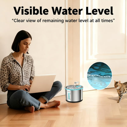 Cat Water Fountain Stainless Steel 50oz/1.5L – Ultra Quiet Auto Pet Water Dispenser with LED Light, Visible Window & Dishwasher Safe