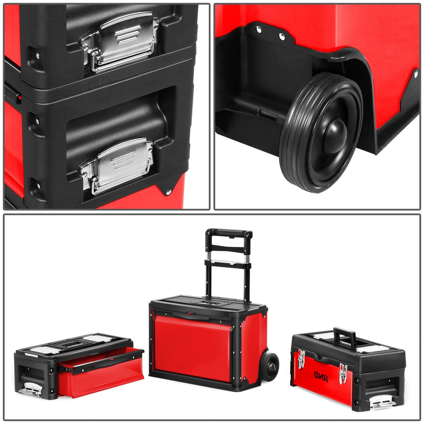 Rolling Tool Box 3-Tier Stackable Portable Toolbox with Wheels 19.5x12x28.5 Inch Steel PP 3-in-1 Detachable Compartments Metal Latches