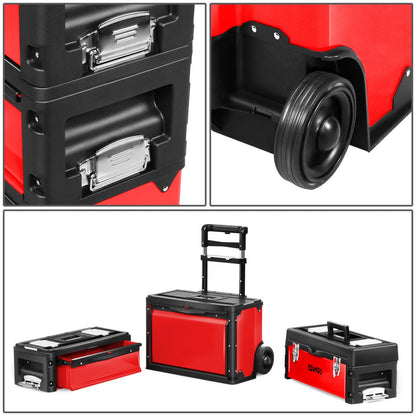 Rolling Tool Box 3-Tier Stackable Portable Toolbox with Wheels 19.5x12x28.5 Inch Steel PP 3-in-1 Detachable Compartments Metal Latches