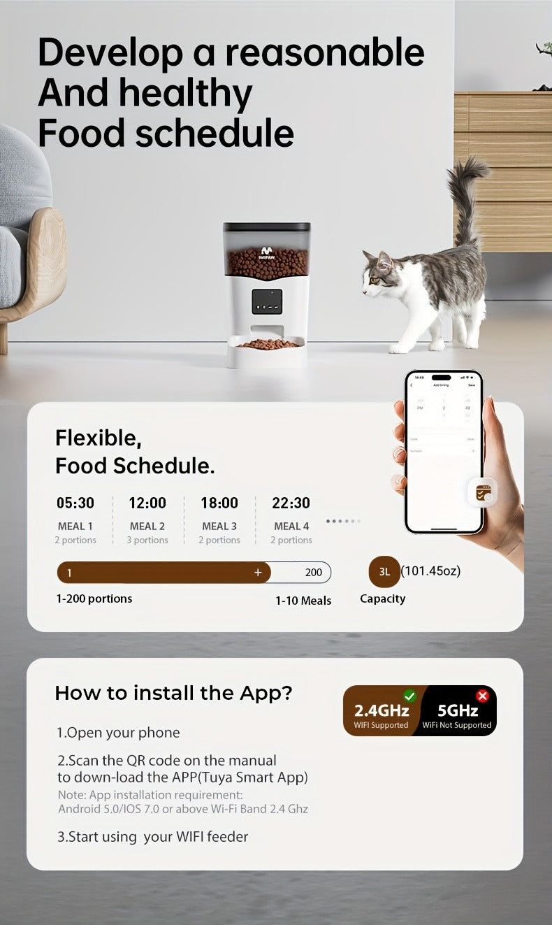 Smart WiFi Automatic Pet Feeder 101oz – App Control, Up to 10 Meals Per Day, HD Camera Option with 2.4G & 5G, Voice Assistant Compatible