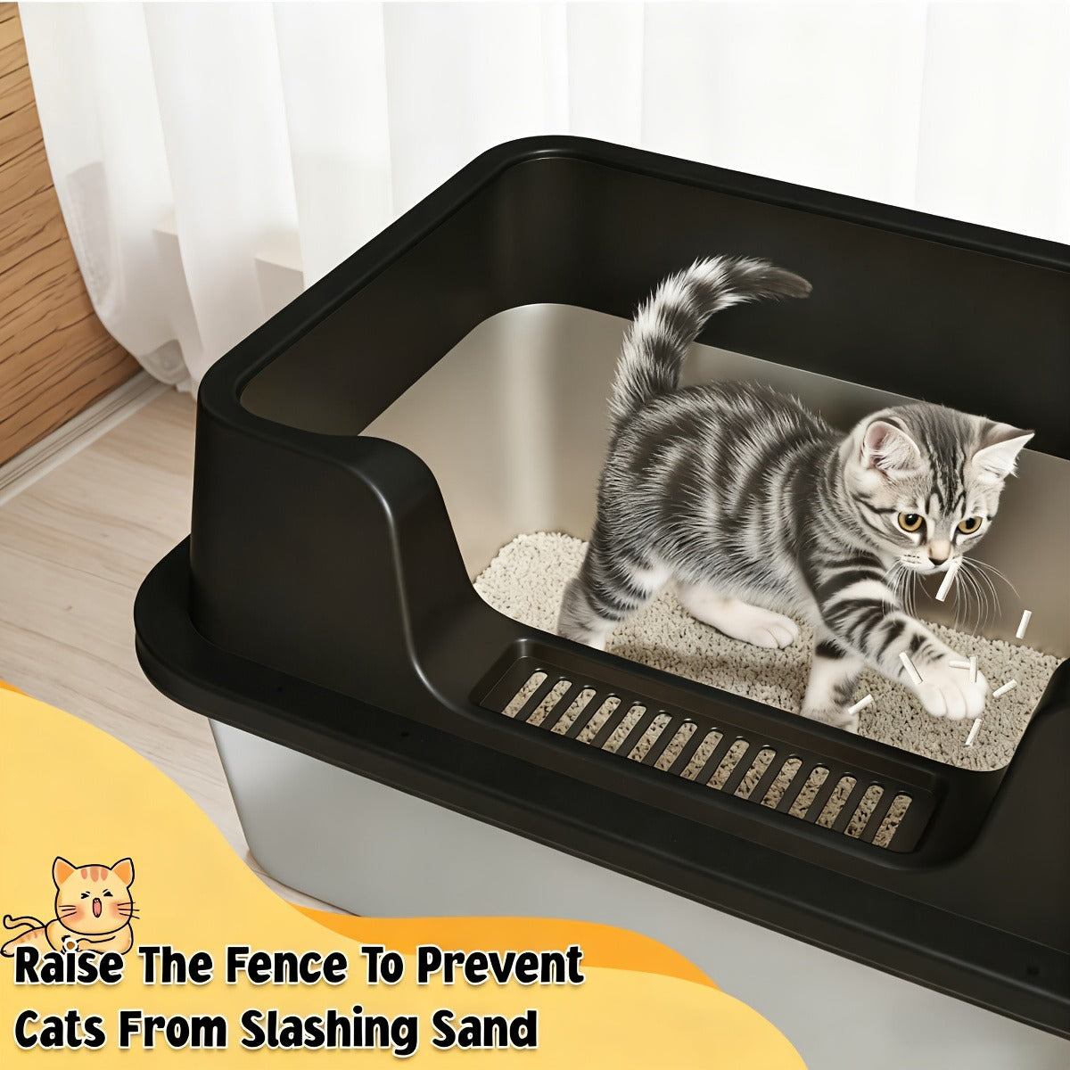 Stainless Steel Cat Litter Box with Scoop – High-Wall Semi-Enclosed Design, Non-Stick Easy Clean Surface, Anti-Leakage Odor Control