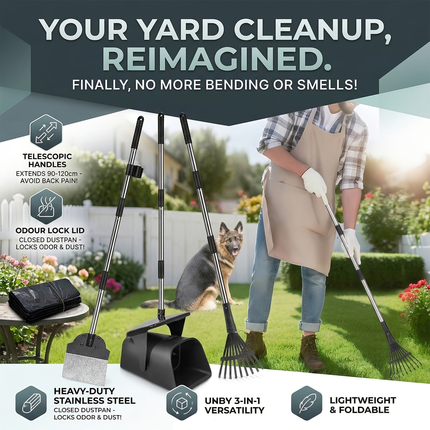 Dog Pooper Scooper with Long Handle & Swivel Bin – Heavy Duty Rake Spade Set, 40 Waste Bags Included, Pet Waste Removal for Yard Grass