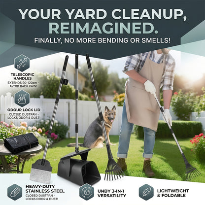 Dog Pooper Scooper with Long Handle & Swivel Bin – Heavy Duty Rake Spade Set, 40 Waste Bags Included, Pet Waste Removal for Yard Grass