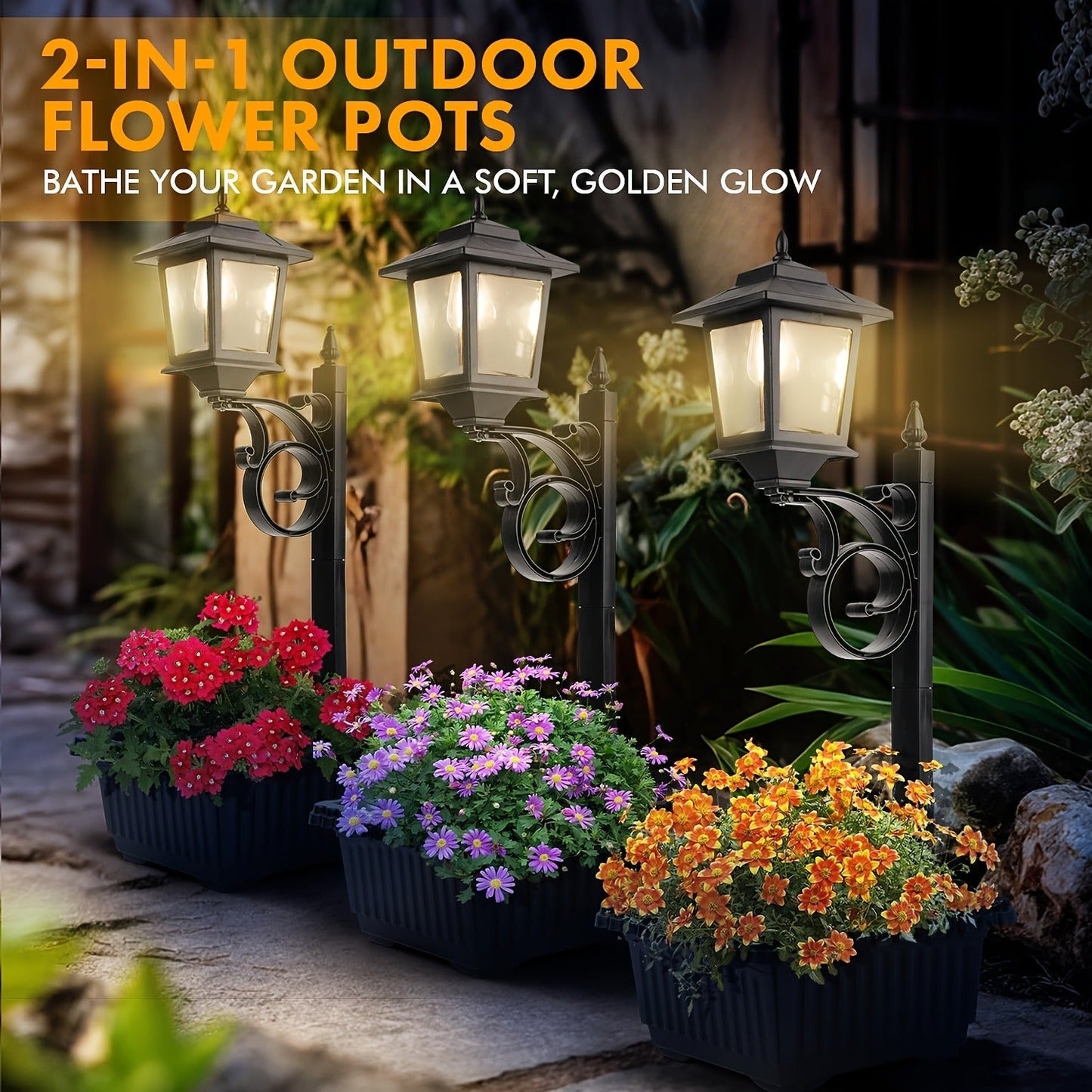 Solar Garden Light HOODINK Black Flower-Pot Lamp Post with Solar Panel, IP44 Label and 1- or 2-Pack Options