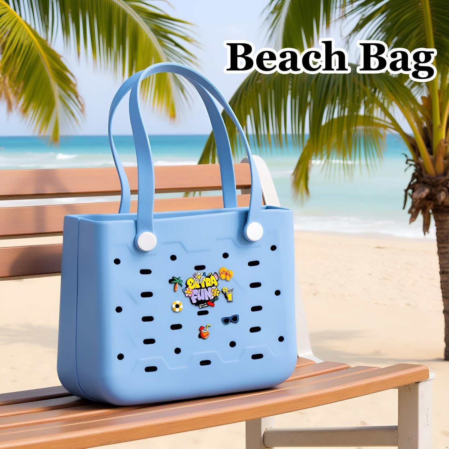 EVA Beach Bag for Women with Drainage Holes Waterproof Tote Bag Summer Outdoor Camping Shopping Travel Bag with Cute Decorations