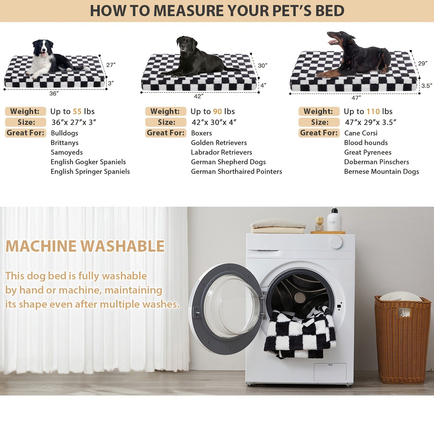 Orthopedic Dog Bed with Removable Washable Cover – Non-Slip Bottom, Black & White Plaid, Soft Memory Foam Dog Sofa Bed