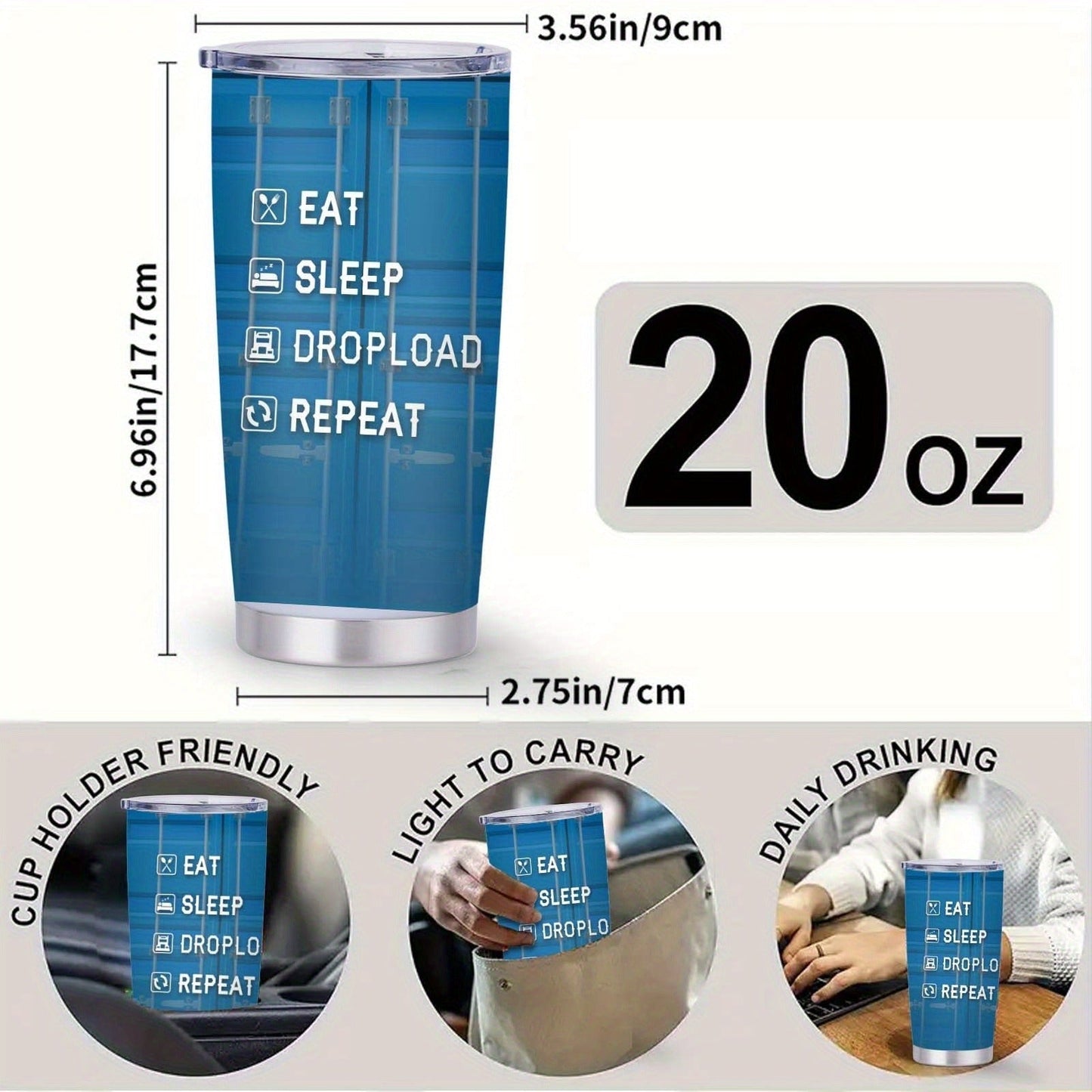 Truck Driver Graphic 20oz Stainless Steel Tumbler with Clear Lid and Blue Printed Finish for Daily Carry