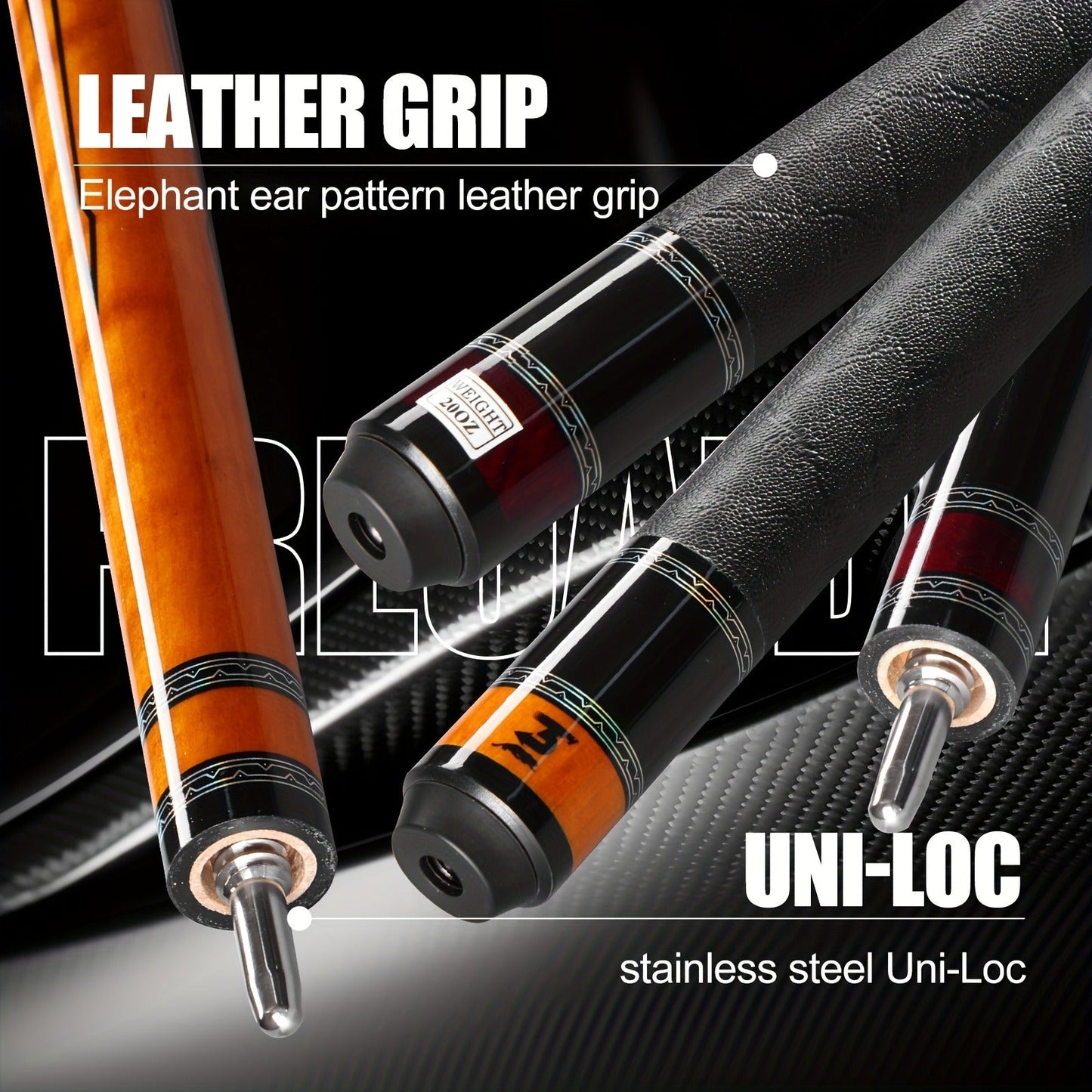 58-Inch Carbon Fiber Pool Cue with 12.5mm Tip, 3/8x8 Joint, Black Wrap and Four SP Graphic Designs