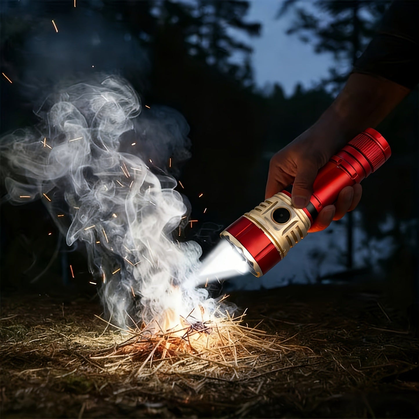Tactical Flashlight with Fire Starter – Fresnel Lens Igniter, 3000 Lumen LED, 21700 Rechargeable Battery, Zoomable Aluminum Torch